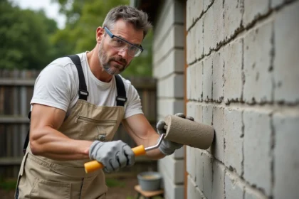 Homme appliquant de la peinture extérieure sur un mur en parpaing avec un rouleau large, technique professionnelle de peinture maçonnerie