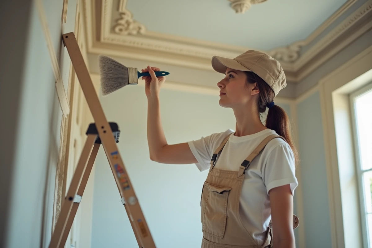 Peintre femme réalisant les finitions au pinceau sur les bords d'un plafond avec moulures dans un appartement haussmannien