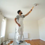 Peintre professionnel appliquant de la peinture blanche sur un plafond de 50m2 avec un rouleau à long manche sur un échafaudage