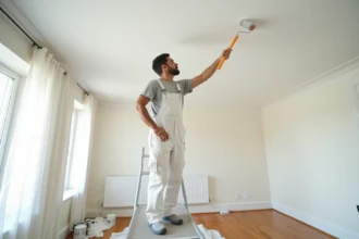 Peintre professionnel appliquant de la peinture blanche sur un plafond de 50m2 avec un rouleau à long manche sur un échafaudage