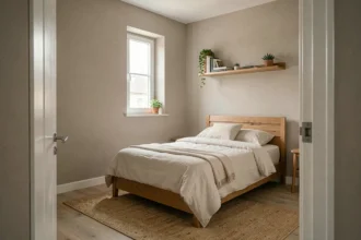 Petite chambre garçon ado avec peinture greige apaisante pour agrandir visuellement l'espace