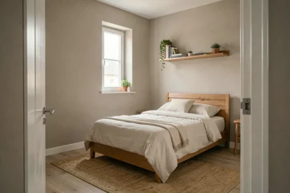 Petite chambre garçon ado avec peinture greige apaisante pour agrandir visuellement l'espace