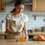 Femme plaçant un piège naturel au vinaigre de cidre dans une cuisine moderne pour lutter contre les moucherons
