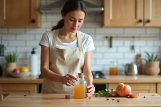 Femme plaçant un piège naturel au vinaigre de cidre dans une cuisine moderne pour lutter contre les moucherons