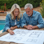 Couple étudie plans de piscine dans le jardin