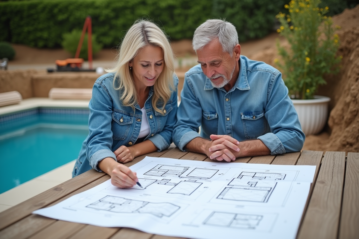 Couple étudie plans de piscine dans le jardin