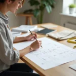 Femme dessinant le plan de son dressing sur du papier millimétré avec des catalogues IKEA et un mètre ruban sur le bureau