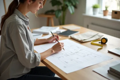 Femme dessinant le plan de son dressing sur du papier millimétré avec des catalogues IKEA et un mètre ruban sur le bureau