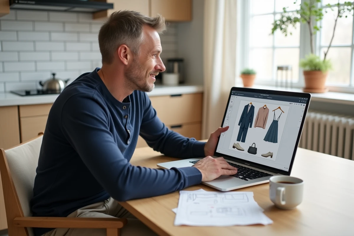 Homme planifiant son dressing sur un logiciel 3D en ligne avec un croquis manuscrit posé à côté sur une table en bois
