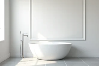 Plaque PVC blanche mate installée sur le mur d'une salle de bain moderne au-dessus d'une baignoire