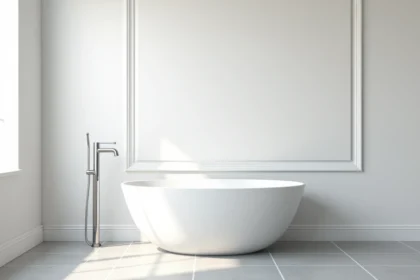 Plaque PVC blanche mate installée sur le mur d'une salle de bain moderne au-dessus d'une baignoire