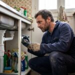 Plombier inspectant une canalisation bouchée sous un évier dans un appartement parisien