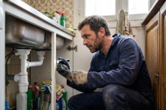 Plombier inspectant une canalisation bouchée sous un évier dans un appartement parisien