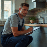 Plombier d'âge moyen en cuisine moderne avec un classeur