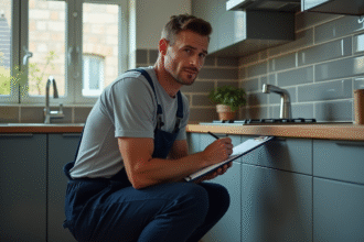 Plombier d'âge moyen en cuisine moderne avec un classeur