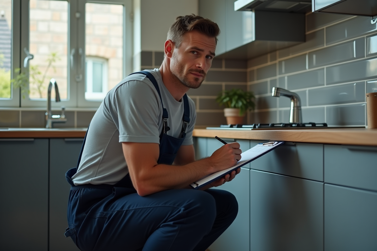Plombier d'âge moyen en cuisine moderne avec un classeur