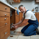 Plombier homme en action dans la cuisine