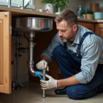Plombier homme en action sous évier cuisine