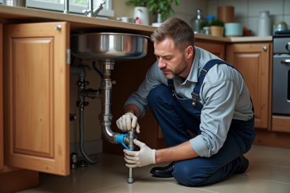 Plombier homme en action sous évier cuisine