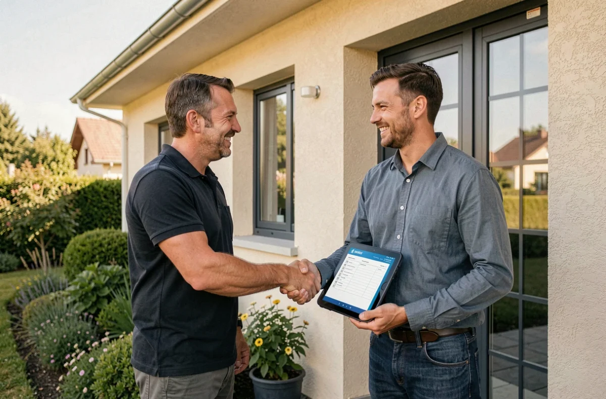 Artisan certifié Plus que pro et propriétaire satisfait devant des fenêtres neuves installées en Isère