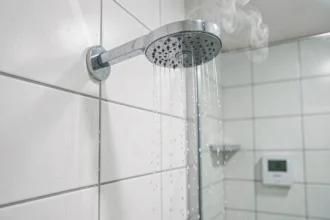 Pomme de douche chromée de type pluie avec eau coulant sur carrelage blanc dans une salle de bain moderne