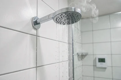 Pomme de douche chromée de type pluie avec eau coulant sur carrelage blanc dans une salle de bain moderne