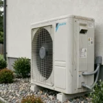 Pompe à chaleur Daikin 16 kW installée en extérieur contre le mur d'une maison contemporaine
