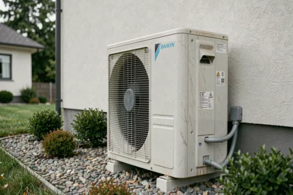Pompe à chaleur Daikin 16 kW installée en extérieur contre le mur d'une maison contemporaine