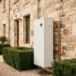 Pompe à chaleur installée sur la façade extérieure d'une maison en pierre française avec tuyauterie en cuivre et jardin soigné