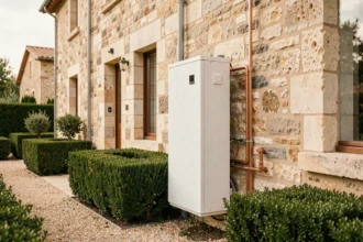 Pompe à chaleur installée sur la façade extérieure d'une maison en pierre française avec tuyauterie en cuivre et jardin soigné