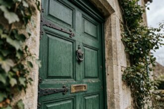 Porte d'entrée en bois vert forêt avec quincaillerie en fonte sur façade en pierre de maison de campagne française