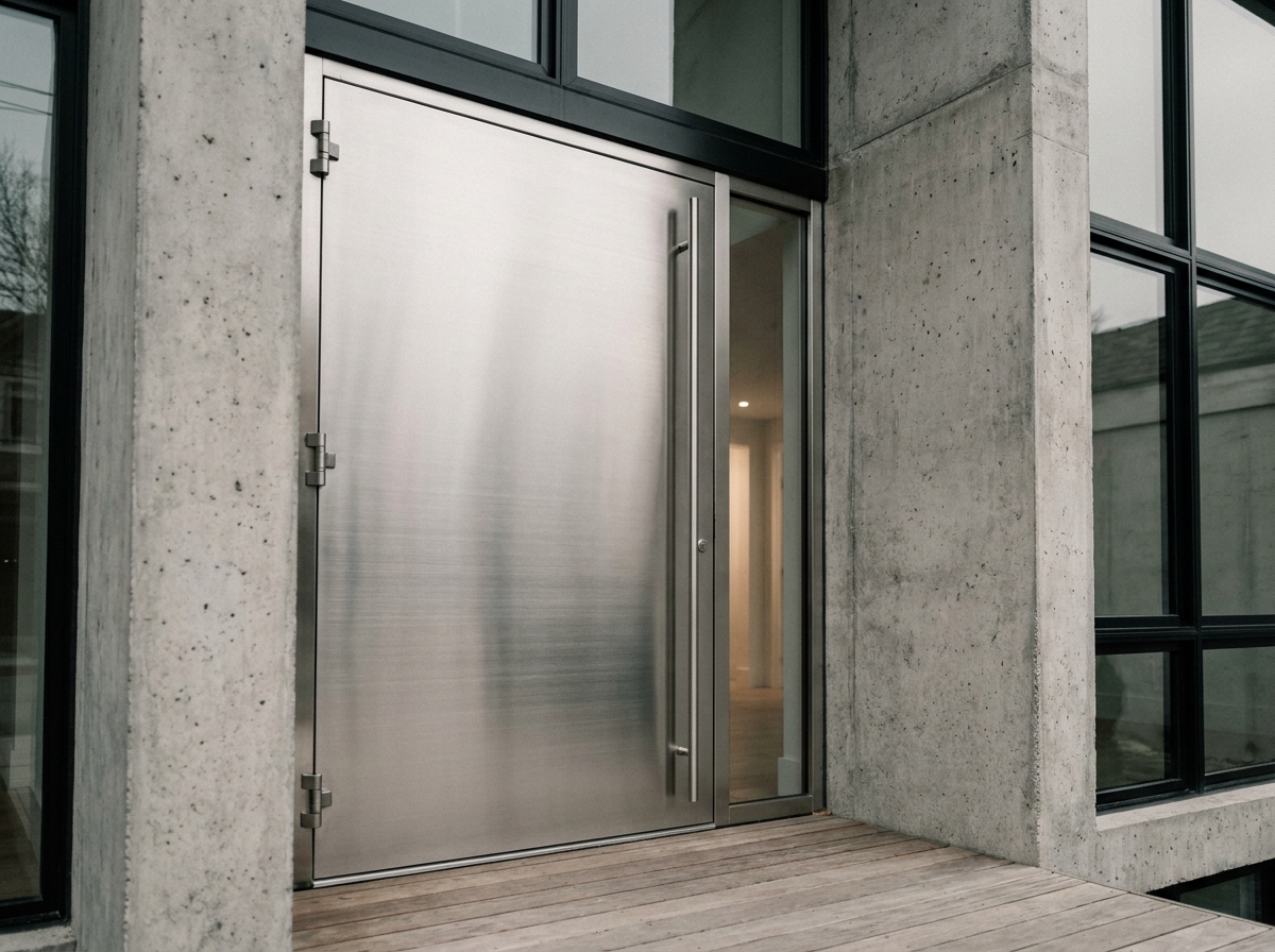 Porte d'entrée pivotante en acier brossé sur façade en béton brut d'une maison contemporaine urbaine