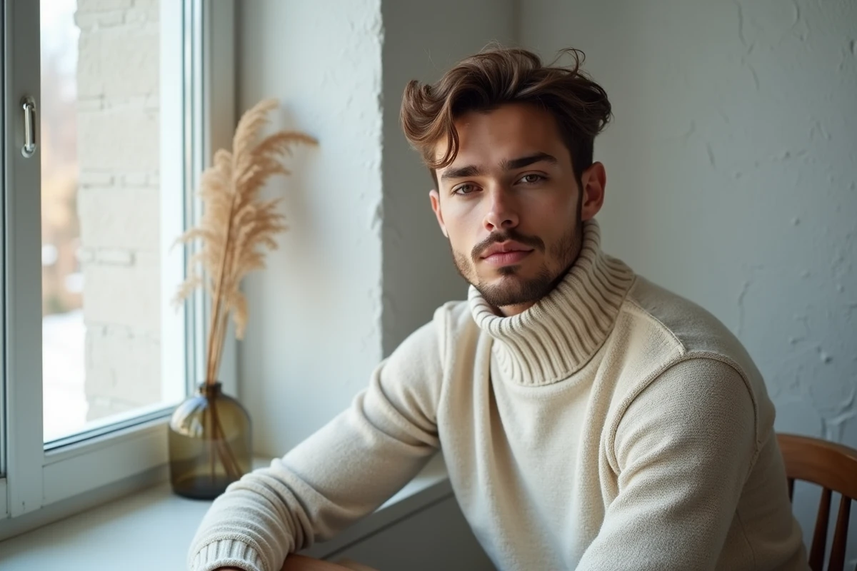 Portrait masculin en lumière naturelle froide près d'une fenêtre, comparaison blanc froid et teintes chaudes sur la peau