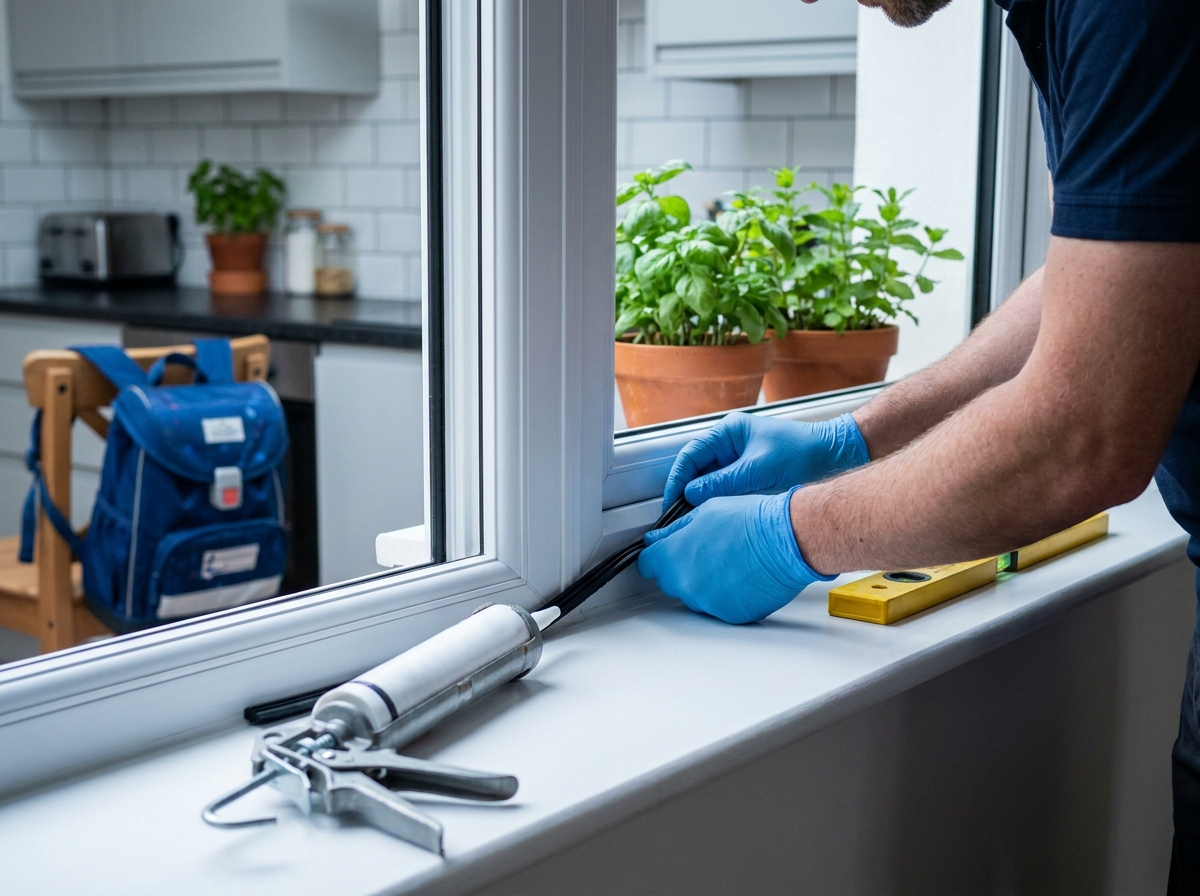 Gros plan sur la pose d'un joint de fenêtre en uPVC dans une cuisine familiale moderne, remplacement de fenêtre discret sans désorganiser le foyer
