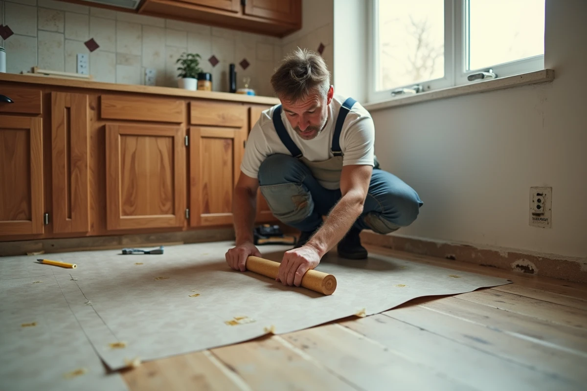Homme posant du linoléum lui-même dans une cuisine en cours de rénovation
