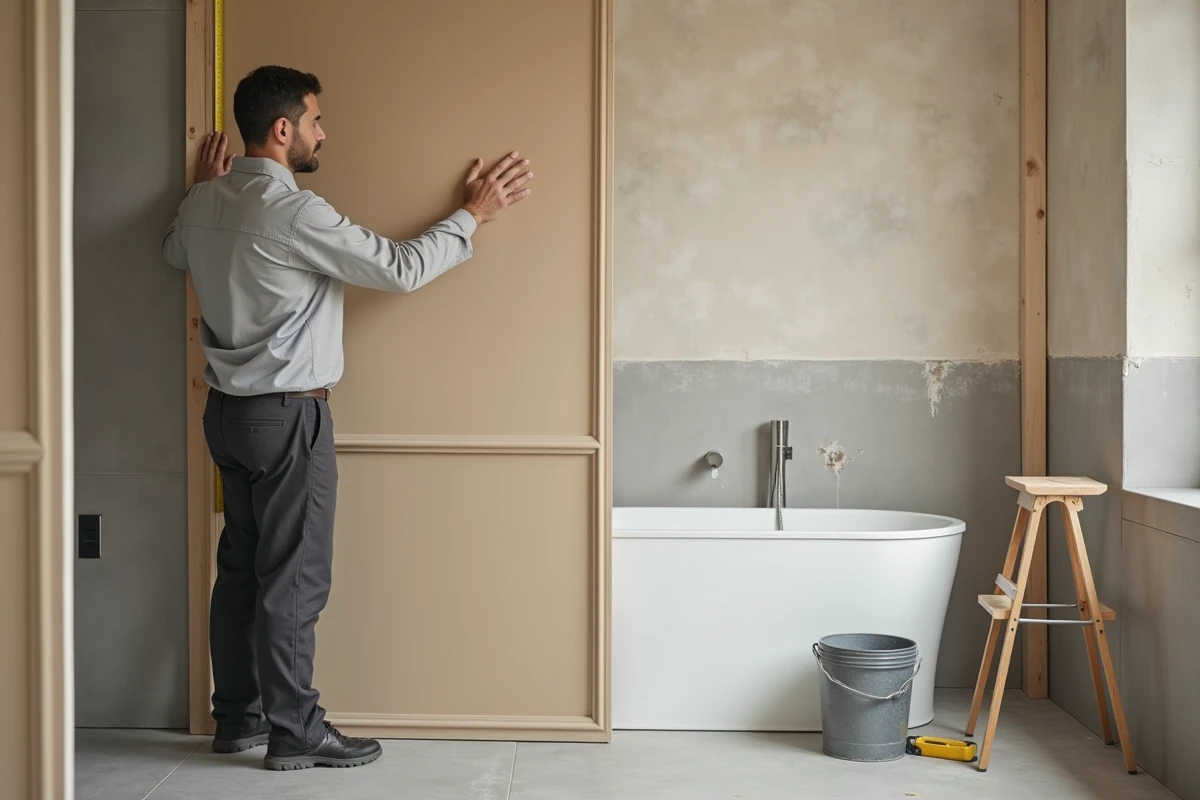 Artisan posant une plaque PVC dans une salle de bain en cours de rénovation