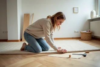 Femme posant sur le sol en posant du seagrass naturel