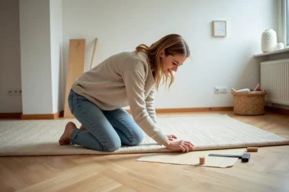 Femme posant sur le sol en posant du seagrass naturel