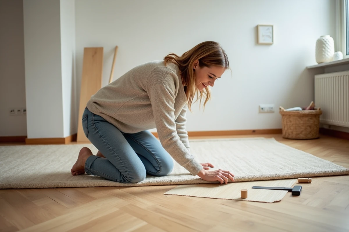 Femme posant sur le sol en posant du seagrass naturel