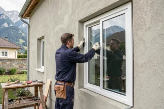 Poseur de fenêtres professionnel installant une fenêtre double vitrage sur une maison en Isère
