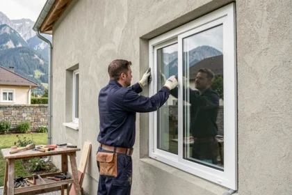 Poseur de fenêtres professionnel installant une fenêtre double vitrage sur une maison en Isère