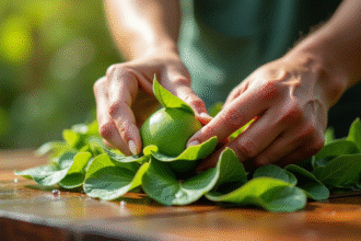Mains préparant une passiflore avec feuilles vertes