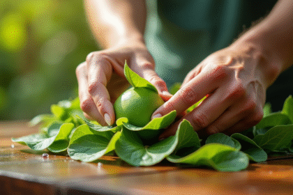 Mains préparant une passiflore avec feuilles vertes