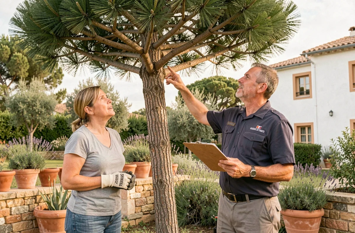 Propriétaire discutant d'un projet d'élagage avec un arboriste devant un pin parasol à Agde