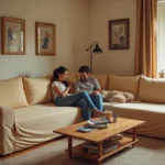 Protège canapé angle extensible beige sur un grand canapé d'angle en L dans un salon familial avec un chien et deux adultes détendus
