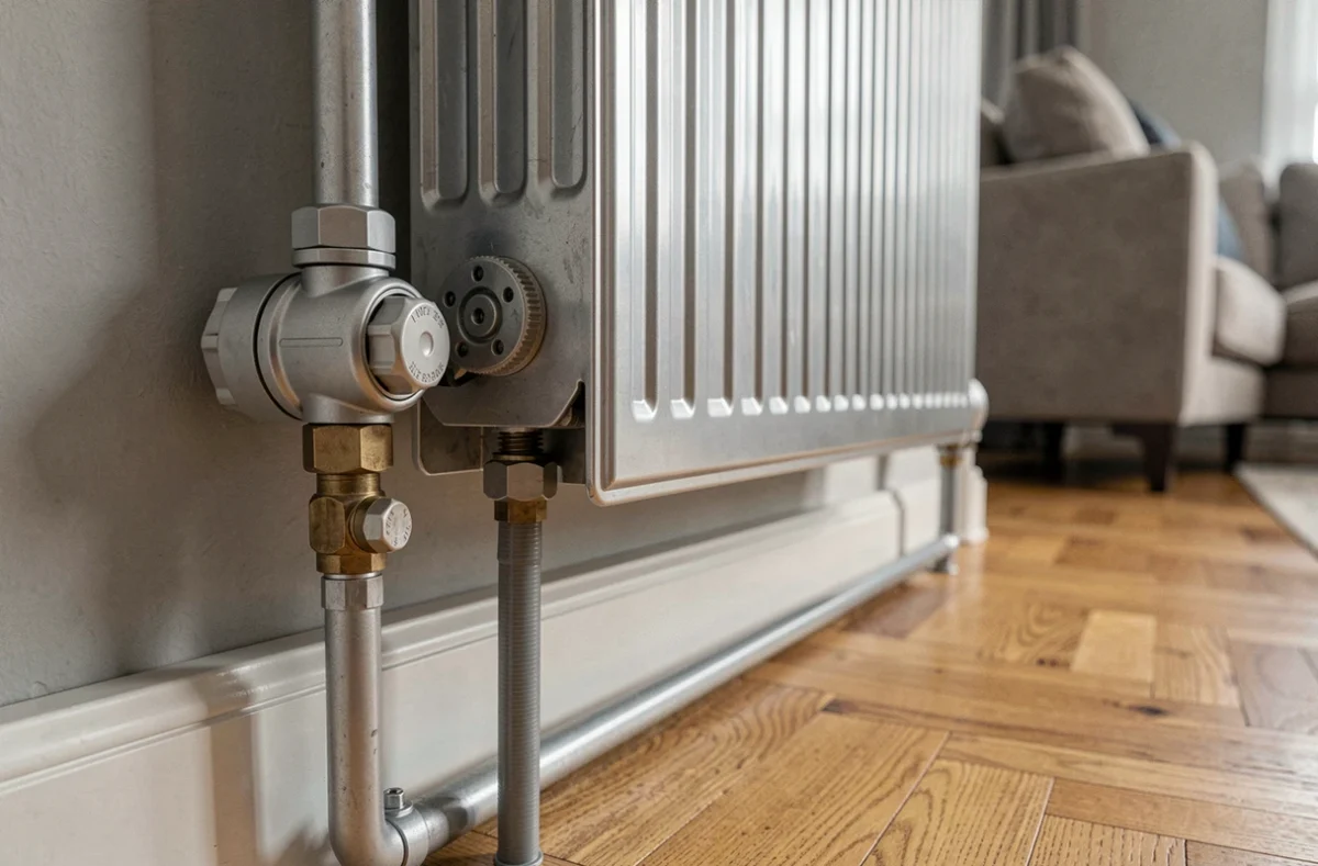 Radiateur avec vanne thermostatique raccordé à une installation de pompe à chaleur air-eau dans un salon moderne
