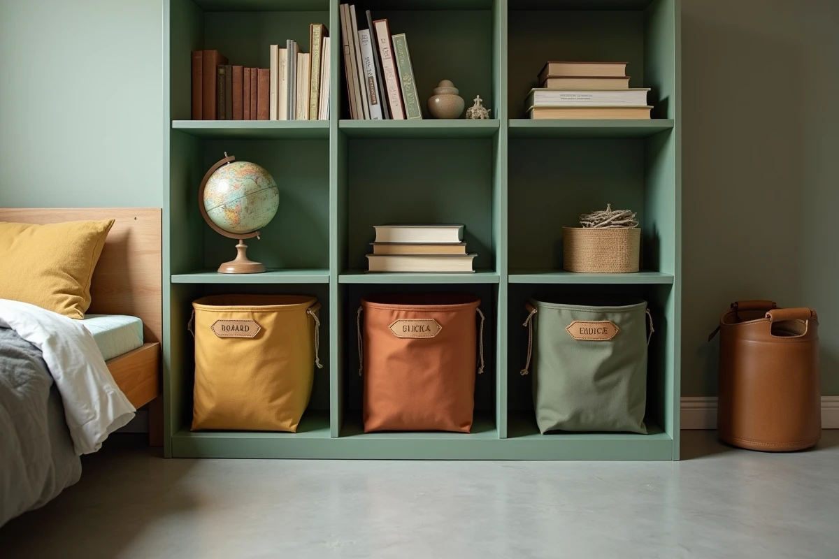 Meuble de rangement modulaire vert sauge dans une chambre garçon avec bacs en tissu et jeux de société
