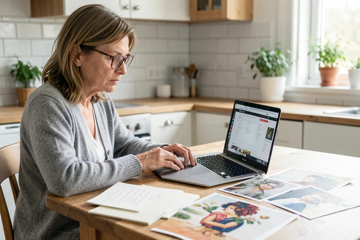 Femme prenant des notes et recherchant des œuvres d'art sur ArtLowCost.fr depuis sa cuisine, entourée de reproductions étalées sur la table