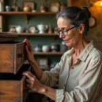 Femme examinant les assemblages d'un meuble en bois vintage dans une brocante pour distinguer l'authenticité d'un effet vieilli artificiel