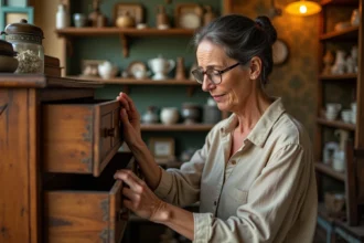 Femme examinant les assemblages d'un meuble en bois vintage dans une brocante pour distinguer l'authenticité d'un effet vieilli artificiel